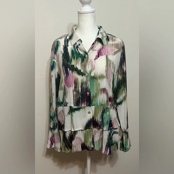 Habitat Clothes to Live In Watercolor Tiered Ruffled Bell Sleeve Blouse XS - Picture 3 of 11